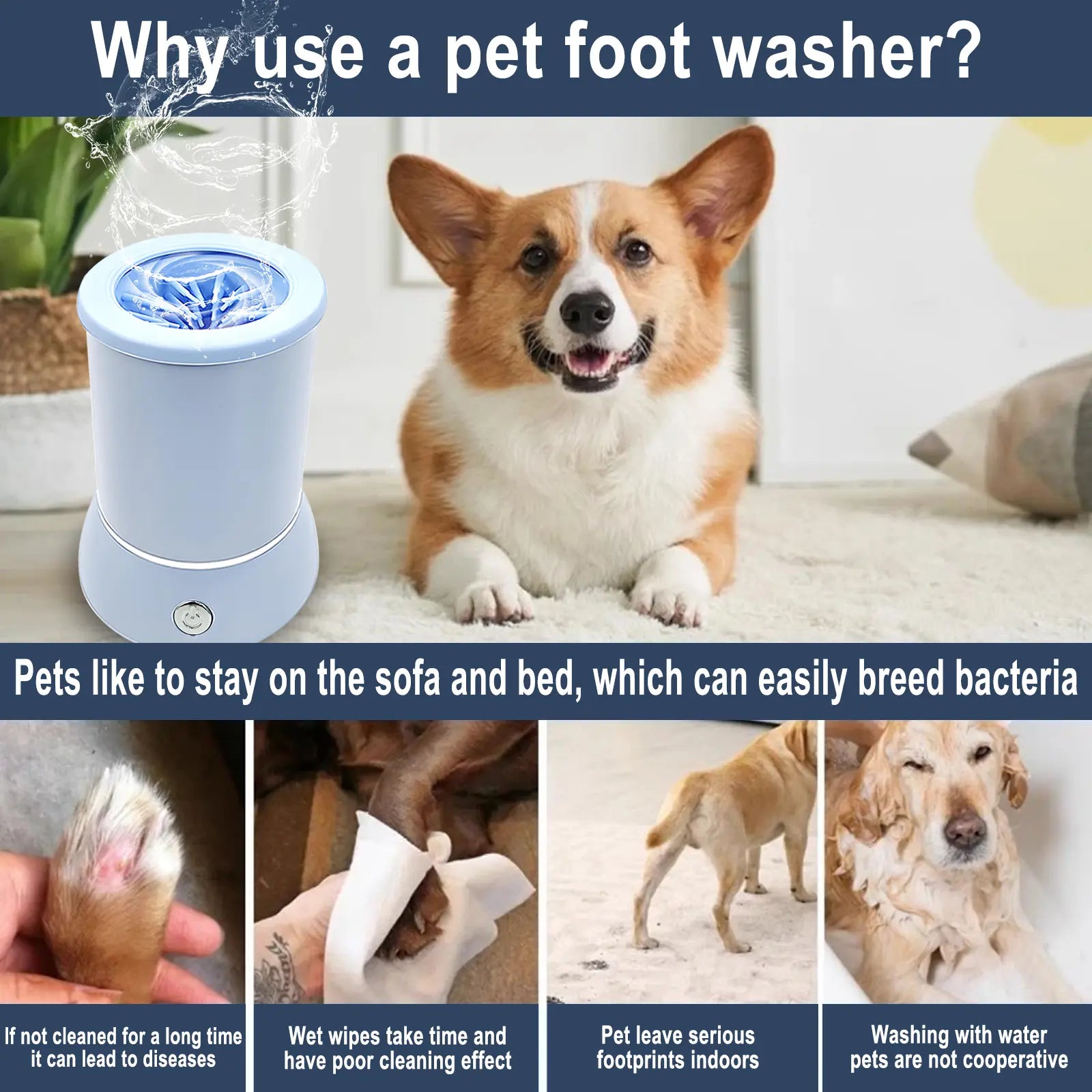 Electric Dog Paw Cleaner & Massager Portable USB Rechargeable Paw Washing Cup for Small to Medium Dogs ABS Silicone Bristles 1500Mah Battery Easy One-Button Operation Pet Grooming Tool