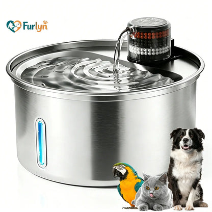 【Furlyn】Stainless Steel Cat Water Fountain Automatic Drinking Fountain, Quiet Circulating Water Bowl, Dishwasher Safe, Indoor Pet Fountain for Hydrated Healthy Cats (Stainless Steel, 3.2L Corded) Cat Water Fountain Multi-Pet
