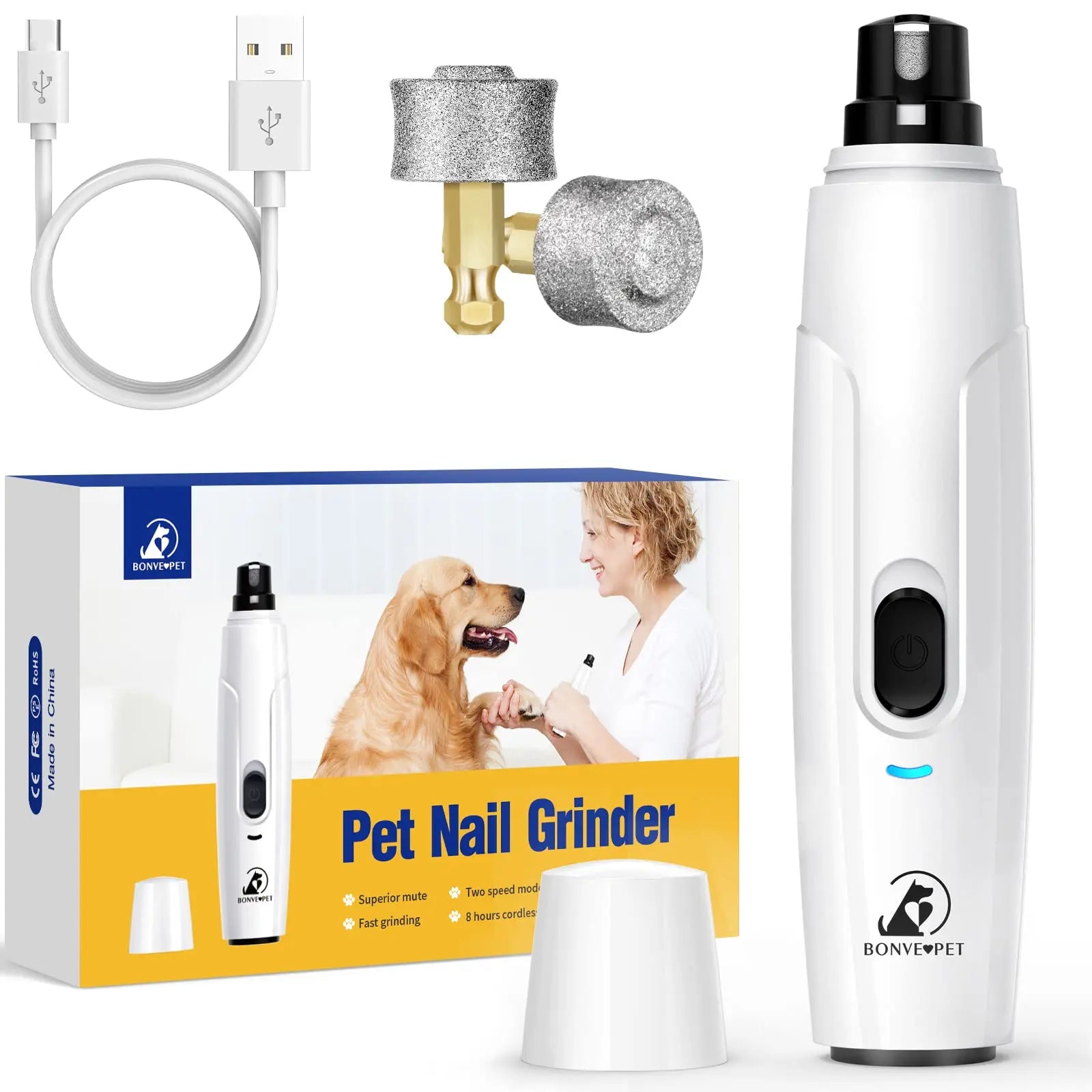 Pet Nail Grinder for Dogs - Upgraded Dog Nail Trimmers Super Quiet, 2 Speeds, Rechargeable, 2 Grinding Wheels for Small Large Dogs & Cats