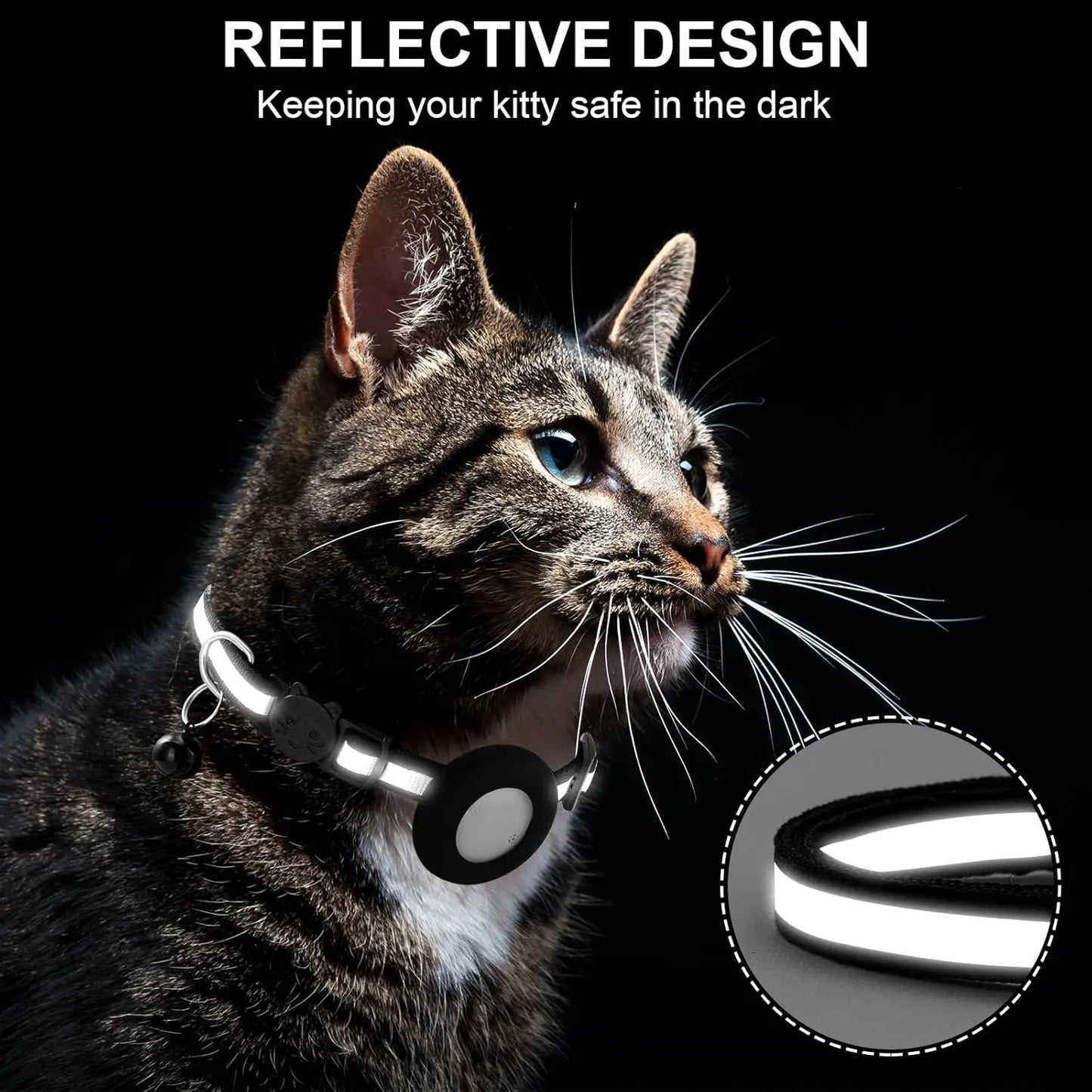 EVERBETTERUS Cat Collar with Air Tag Holder, Reflective Kitten Collar with Bell, Breakaway Airtag Cat Collar GPS Tracker for Cats 0.4’’ Width Adjustable Safe Kitty Collar, Black