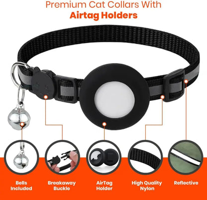 EVERBETTERUS Cat Collar with Air Tag Holder, Reflective Kitten Collar with Bell, Breakaway Airtag Cat Collar GPS Tracker for Cats 0.4’’ Width Adjustable Safe Kitty Collar, Black
